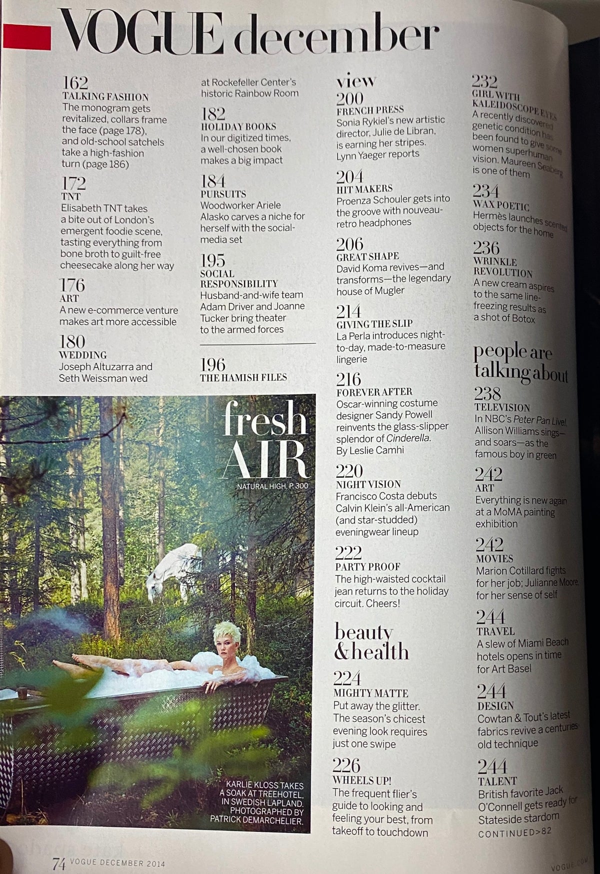 Table of contents from Vogue Magazine December 2014 with an overview of featured articles including 'Fresh Air' and cultural highlights.