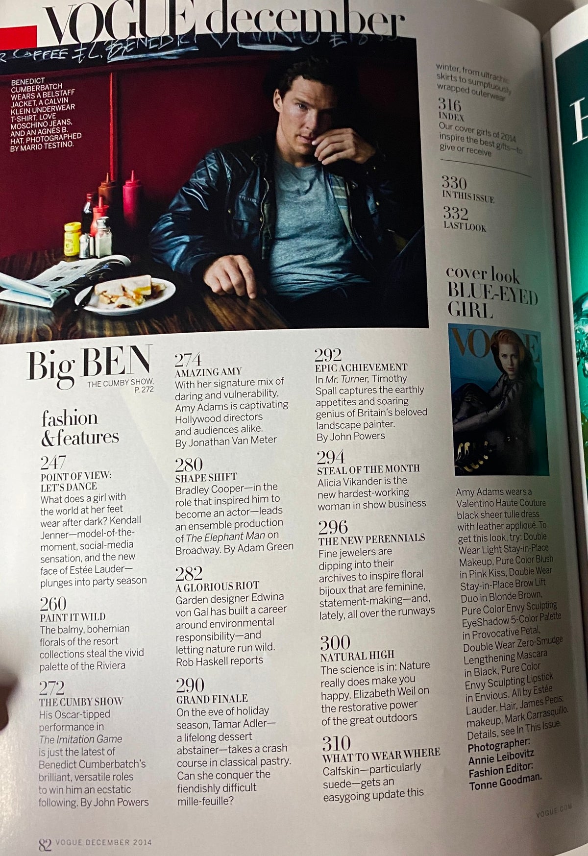 Editorial page from Vogue Magazine December 2014 listing contents such as 'Big Ben' and 'Amazing Amy,' covering fashion and celebrities.