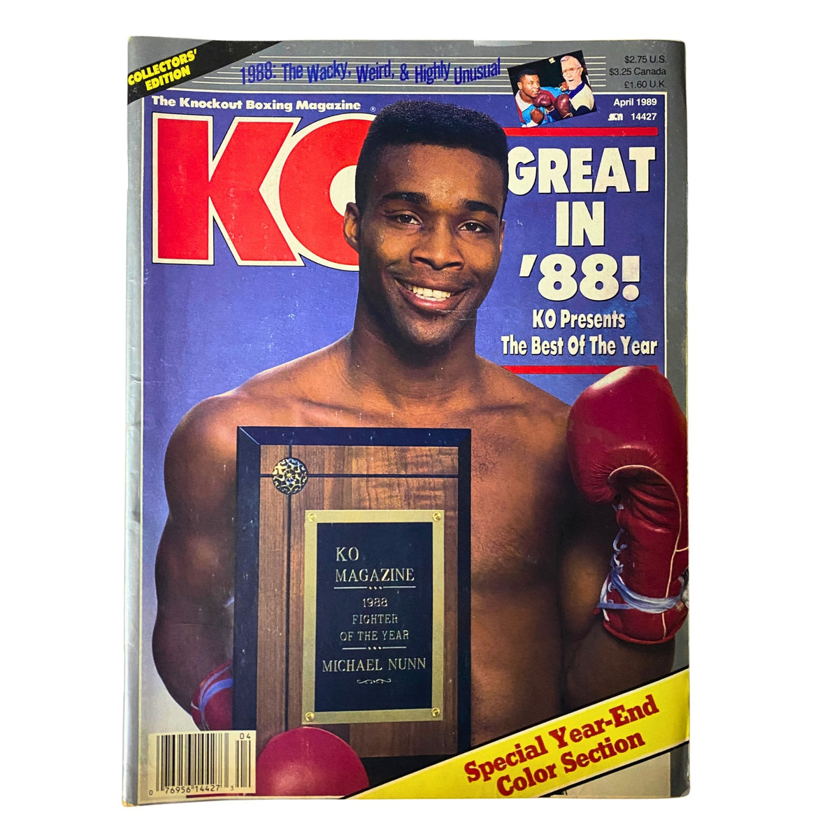 Cover of KO Boxing Magazine April 1989 featuring Michael Nunn, showcasing him with boxing gloves and a plaque for Fighter of the Year. Emphasizes the magazine's collectible nature.