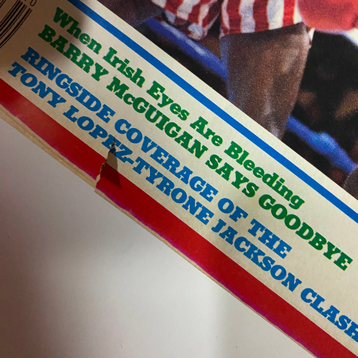 Detail from KO Boxing Magazine October 1989 featuring article title 'When Irish Eyes Are Bleeding' by Barry McGuigan, highlighting loss and coverage of the Tony Lopez-Tyrone Jackson clash.