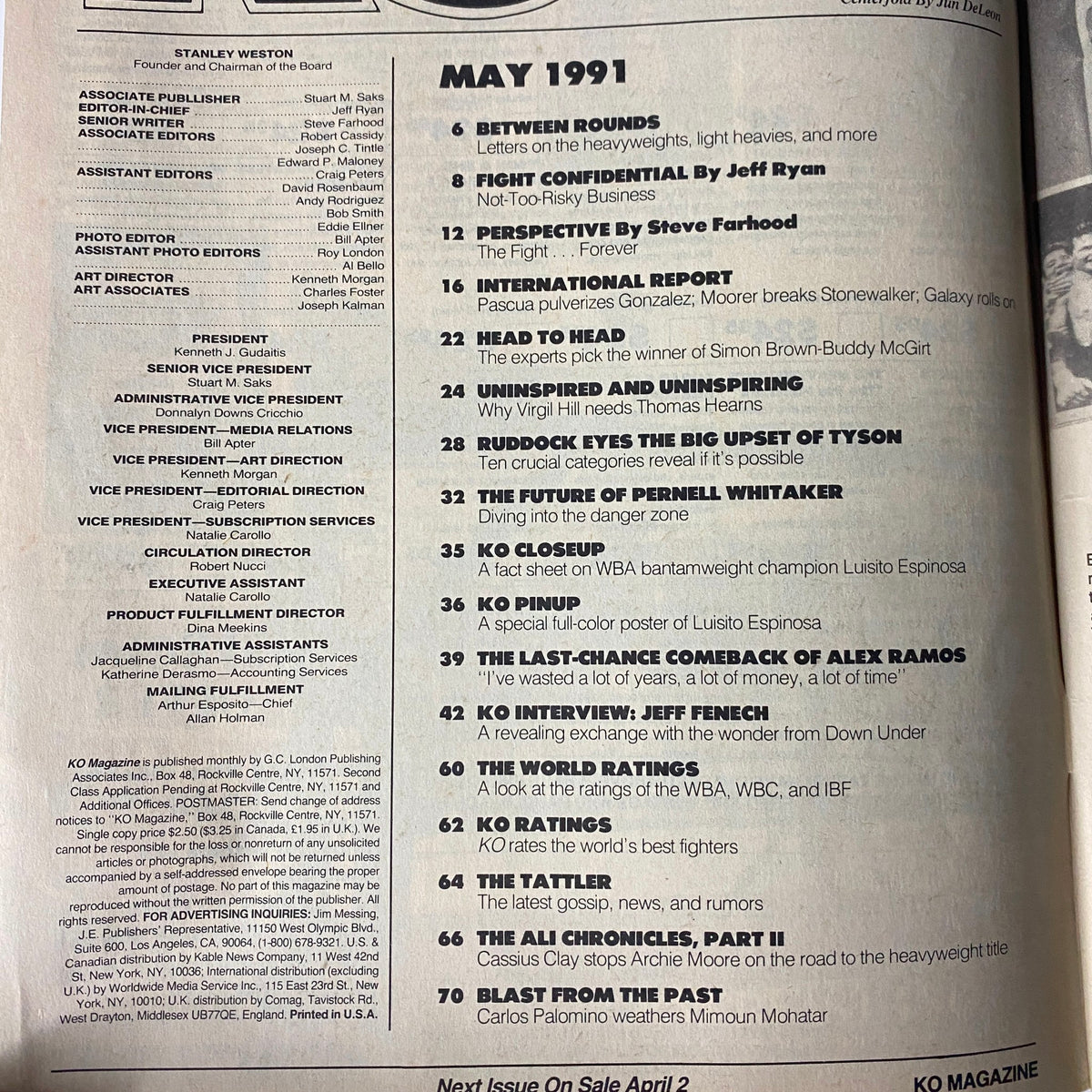 Inside page of KO Boxing Magazine May 1991 listing contents, including articles on heavyweight boxing, fight analysis, and interviews.