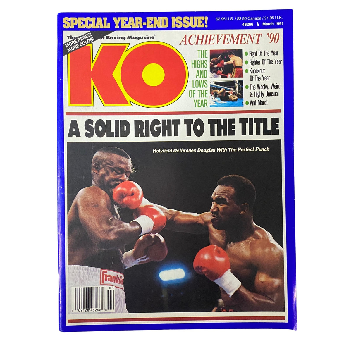 KO Boxing Magazine March 1991 - Cover featuring Buster Douglas and Evander Holyfield with the headline 'A Solid Right to the Title', capturing the thrilling moment from their championship fight.