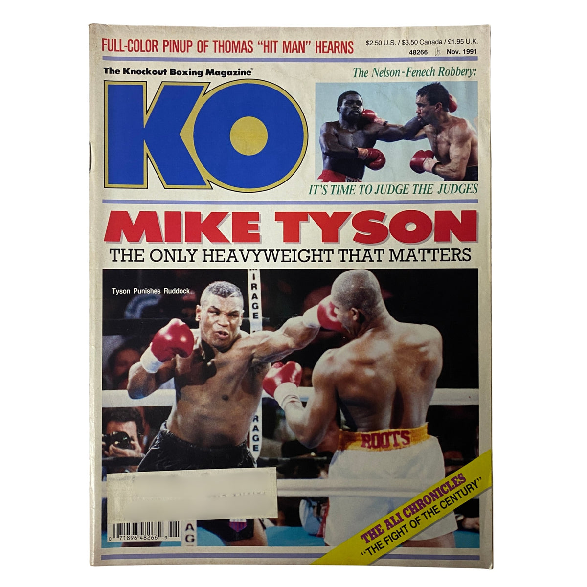 KO Boxing Magazine November 1991 featuring Mike Tyson vs. Donovan Ruddock on the cover, highlighting Tyson's dominance in boxing with a full-color pinup of Thomas Hearns, showcasing the tension of their rematch.