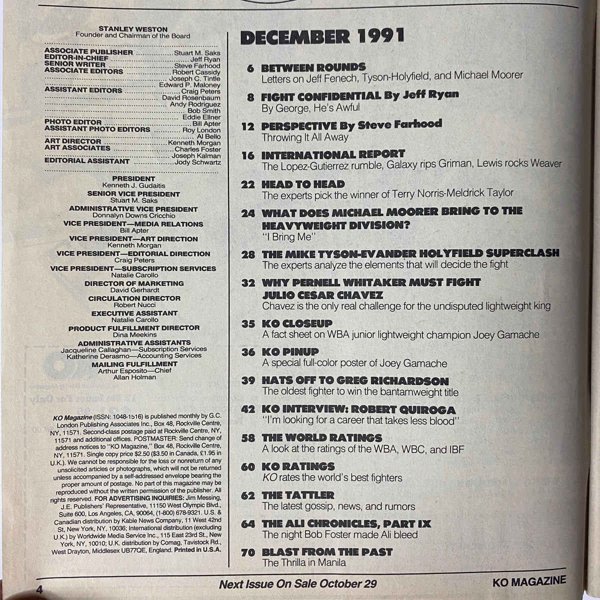 Page from KO Boxing Magazine December 1991, detailing contents including 'Between Rounds', 'Fight Confidential', and features on Tyson vs. Holyfield.