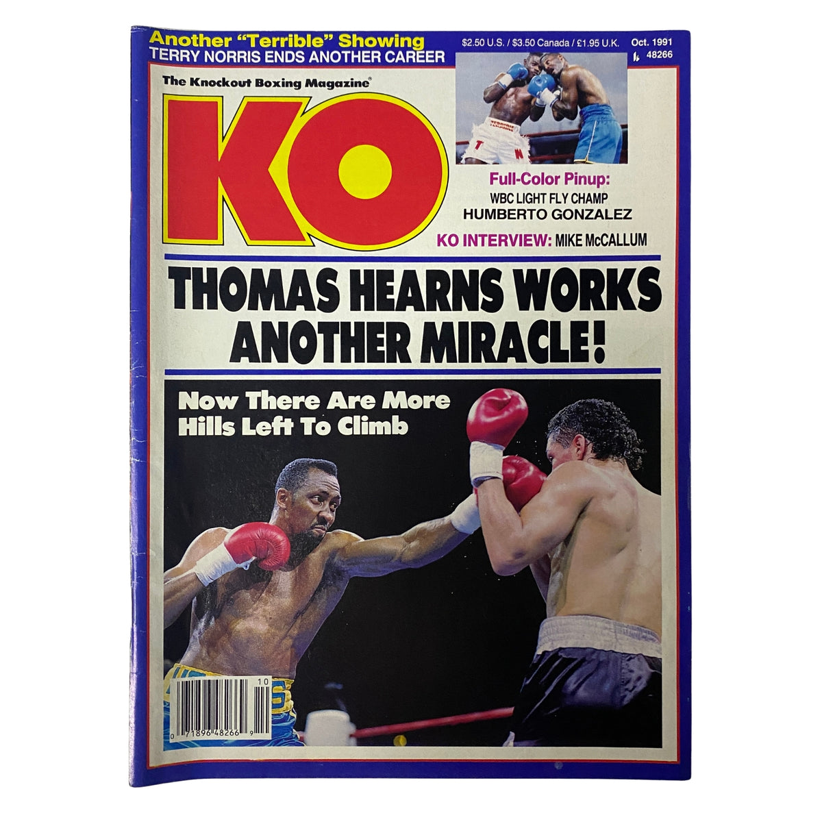 KO Boxing Magazine October 1991 featuring Thomas Hearns on the cover, highlighting his fight history and accomplishments. Includes promotional details about the featured articles.