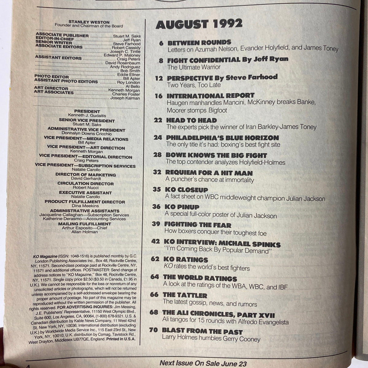 Contents page of KO Boxing Magazine August 1992, detailing articles and features including the analysis of Evander Holyfield vs. Larry Holmes and boxing insights.