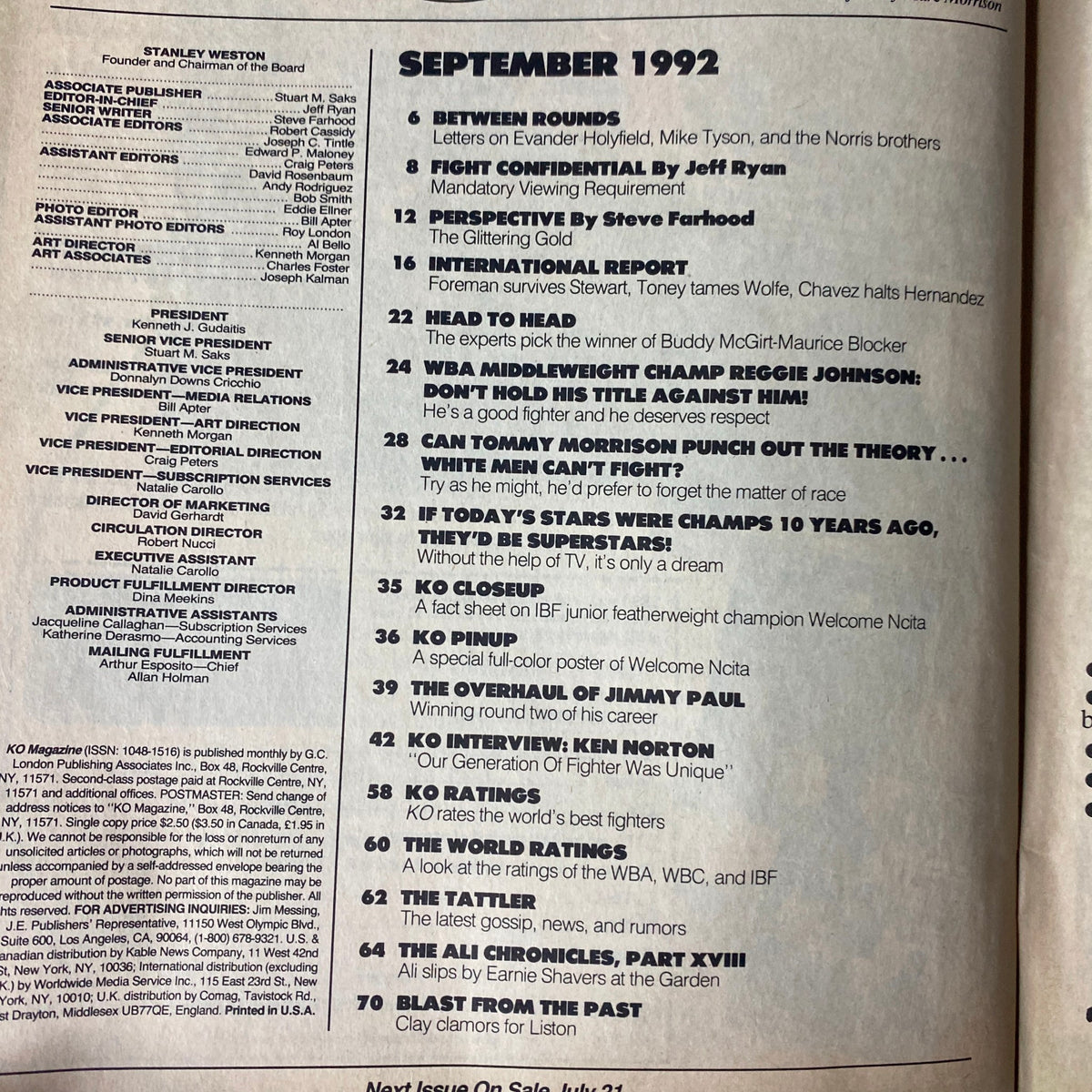Inside page of KO Boxing Magazine September 1992, showcasing the table of contents. It includes features on Ken Norton, Fight Confidential, and other notable boxing topics, offering an in-depth look at the sport during that period.