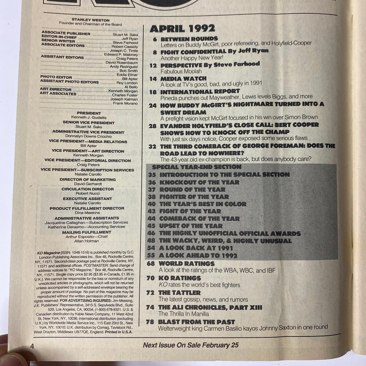 Table of contents for KO Boxing Magazine April 1992, detailing articles including 'Written Rounds', 'Fight Confidential', and special year-end awards.