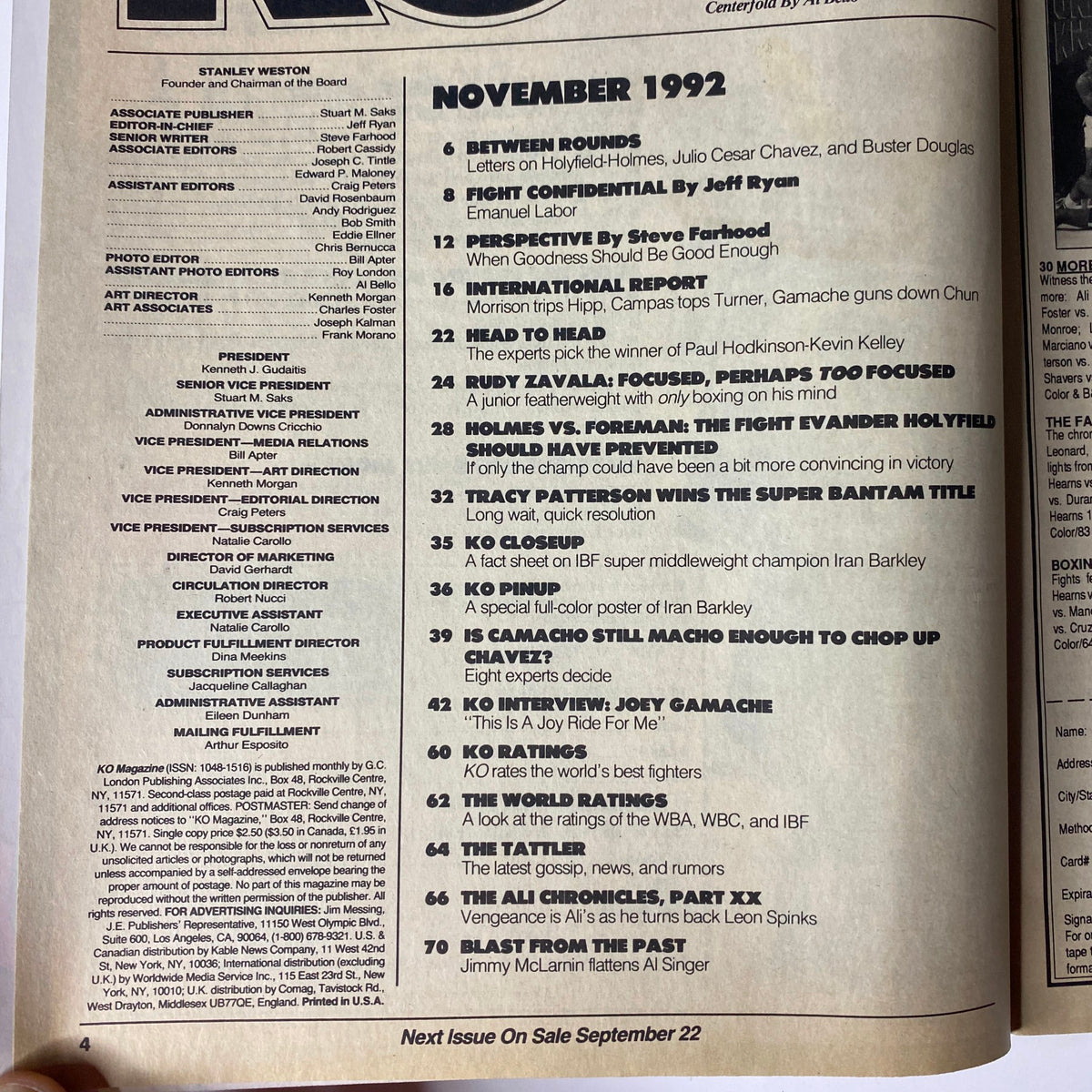 Interior page from the November 1992 issue of KO Boxing Magazine listing contents including articles on boxing legends and fight analysis.