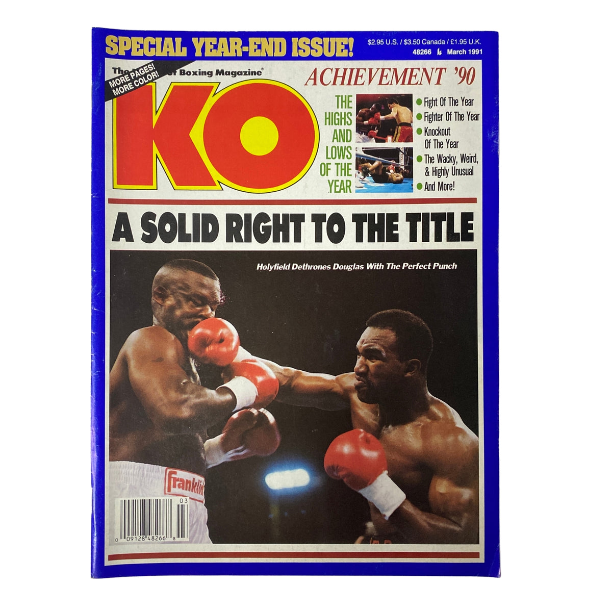 Cover of KO Boxing Magazine March 1991 featuring Buster Douglas vs. Evander Holyfield. The magazine highlights Holyfield's victory with dynamic imagery of the boxers in action.