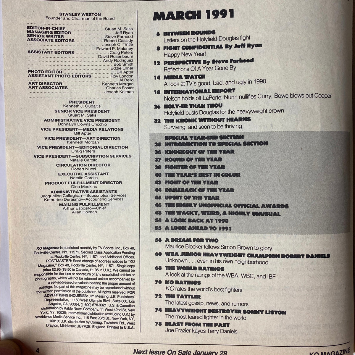 Contents page of KO Boxing Magazine March 1991 detailing articles and features on the Holyfield-Douglas fight, including year-end awards and rankings in boxing.