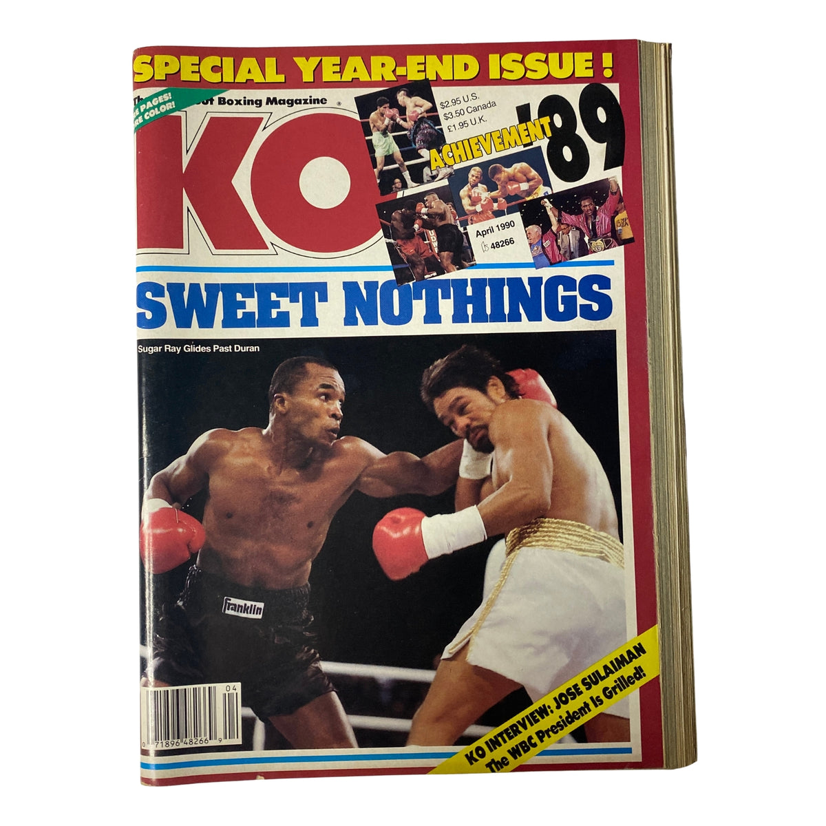 Cover of KO Boxing Magazine, April 1990, featuring Sugar Ray Leonard and Roberto Durán in action during their iconic rivalry. The magazine is labeled as a special year-end issue, showcasing the highlights of boxing achievements from 1989.