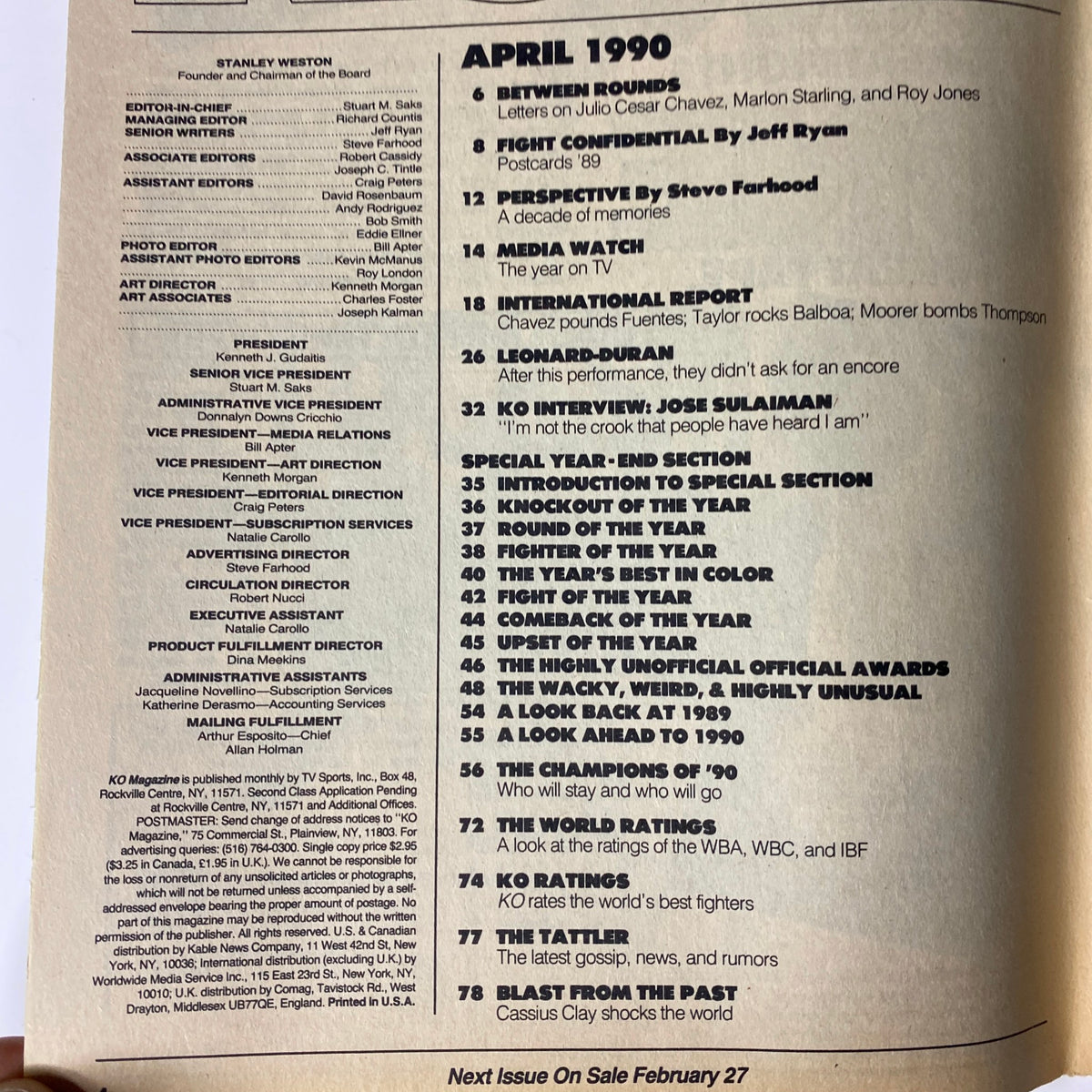 KO Boxing Magazine April 1990 featuring an overview of boxing content, including articles on Sugar Ray Leonard and Roberto Durán, letters section, fight reports, and year-end awards.
