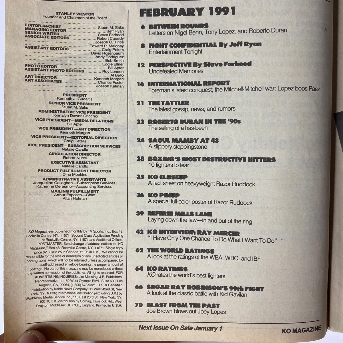 Inside content of KO Boxing Magazine February 1991 listing features such as letters, fight reports, and boxing ratings.