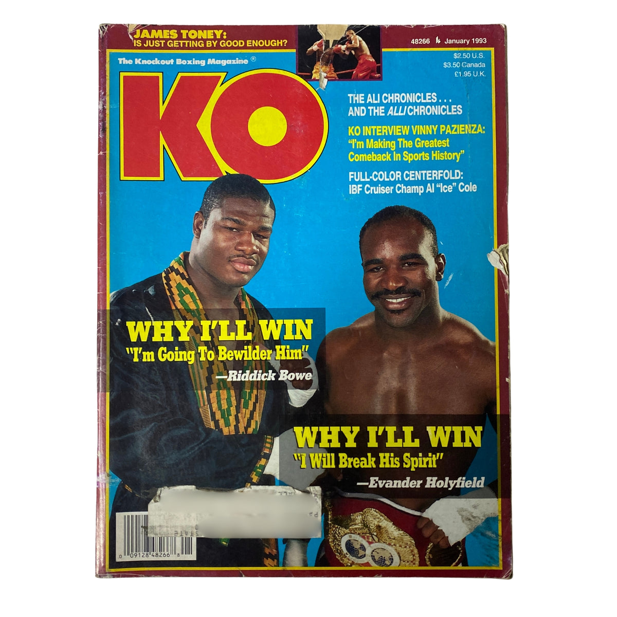KO Boxing Magazine January 1993 cover featuring Riddick Bowe and Evander Holyfield with the headline 'Why I'll Win.' The magazine highlights their upcoming superfight.