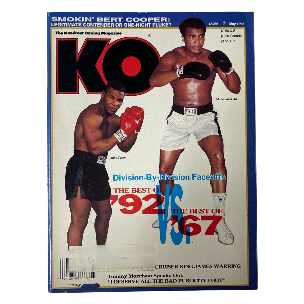 KO Boxing Magazine May 1992 featuring Muhammad Ali and Mike Tyson on the cover, highlighting two boxing legends in striking poses.