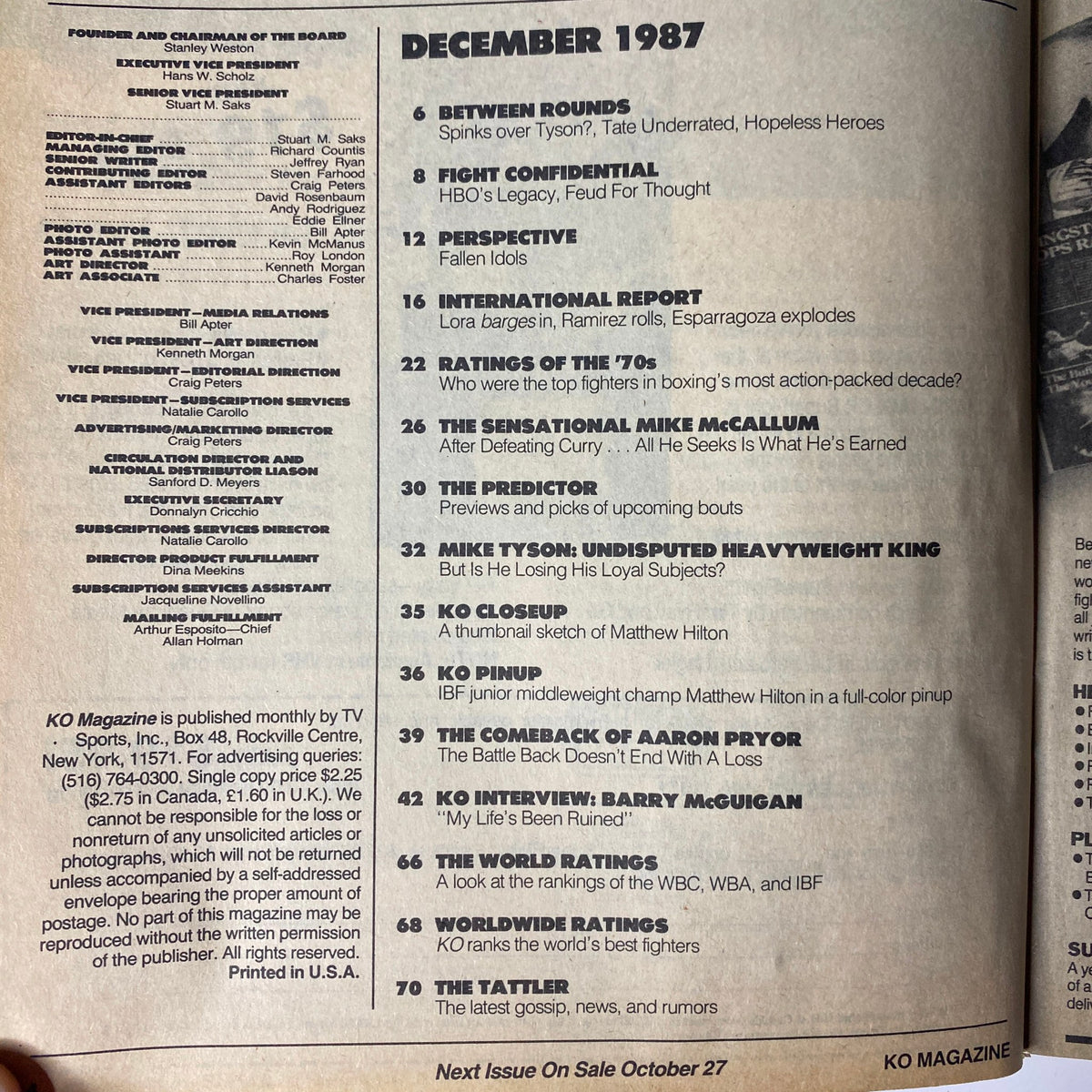 Interior page from KO Boxing Magazine December 1987 listing contents including features on notable boxers like Aaron Pryor and Mike McCallum, along with event predictions and ratings.