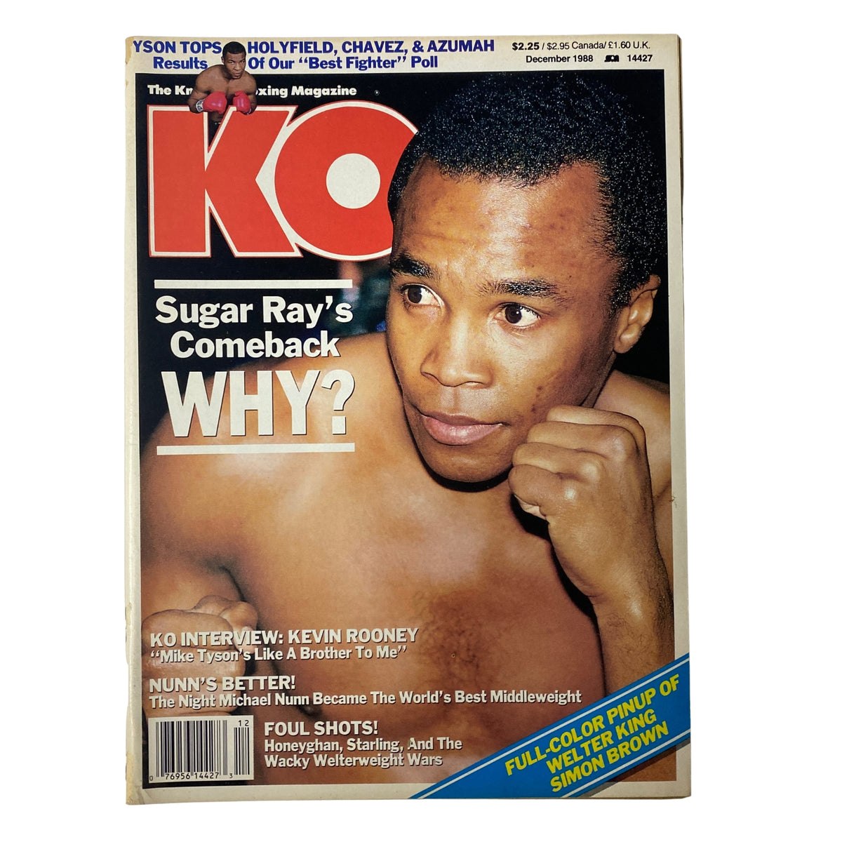 KO Boxing Magazine December 1988 featuring Sugar Ray Robinson on the cover, highlighting topics such as 'Sugar Ray’s Comeback' and various boxing articles.
