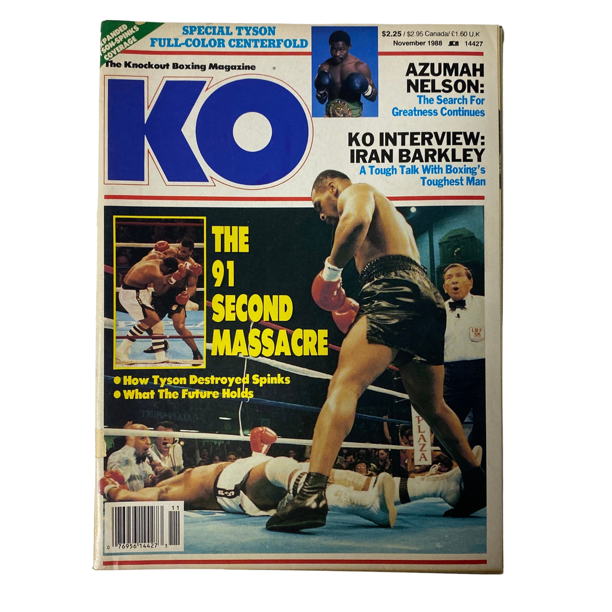 Cover of KO Boxing Magazine from November 1988 featuring Mike Tyson and Azumah Nelson. The magazine discusses Tyson's explosive victory over Michael Spinks among other boxing topics.