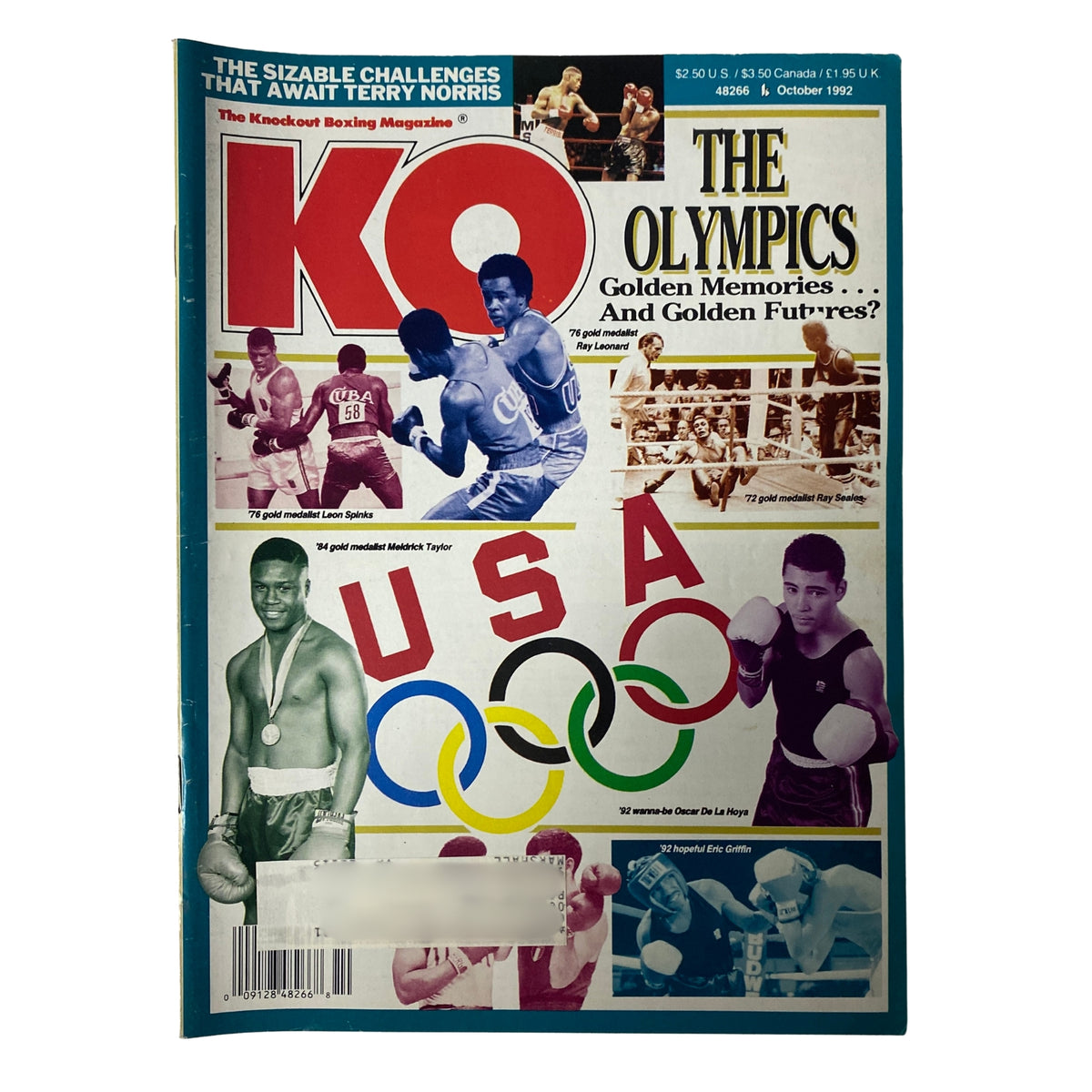 KO Boxing Magazine October 1992 featuring Ray Leonard, Leon Spinks, and Ray Seales on the cover, showcasing Olympic and professional boxing themes.