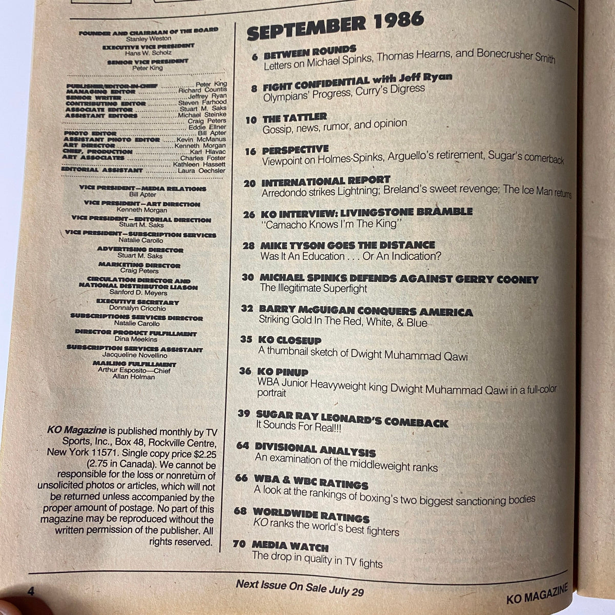 Inside page of KO Boxing Magazine September 1986, featuring the table of contents that highlights key articles including Barry McGuigan's triumphs and Mike Tyson's fights.