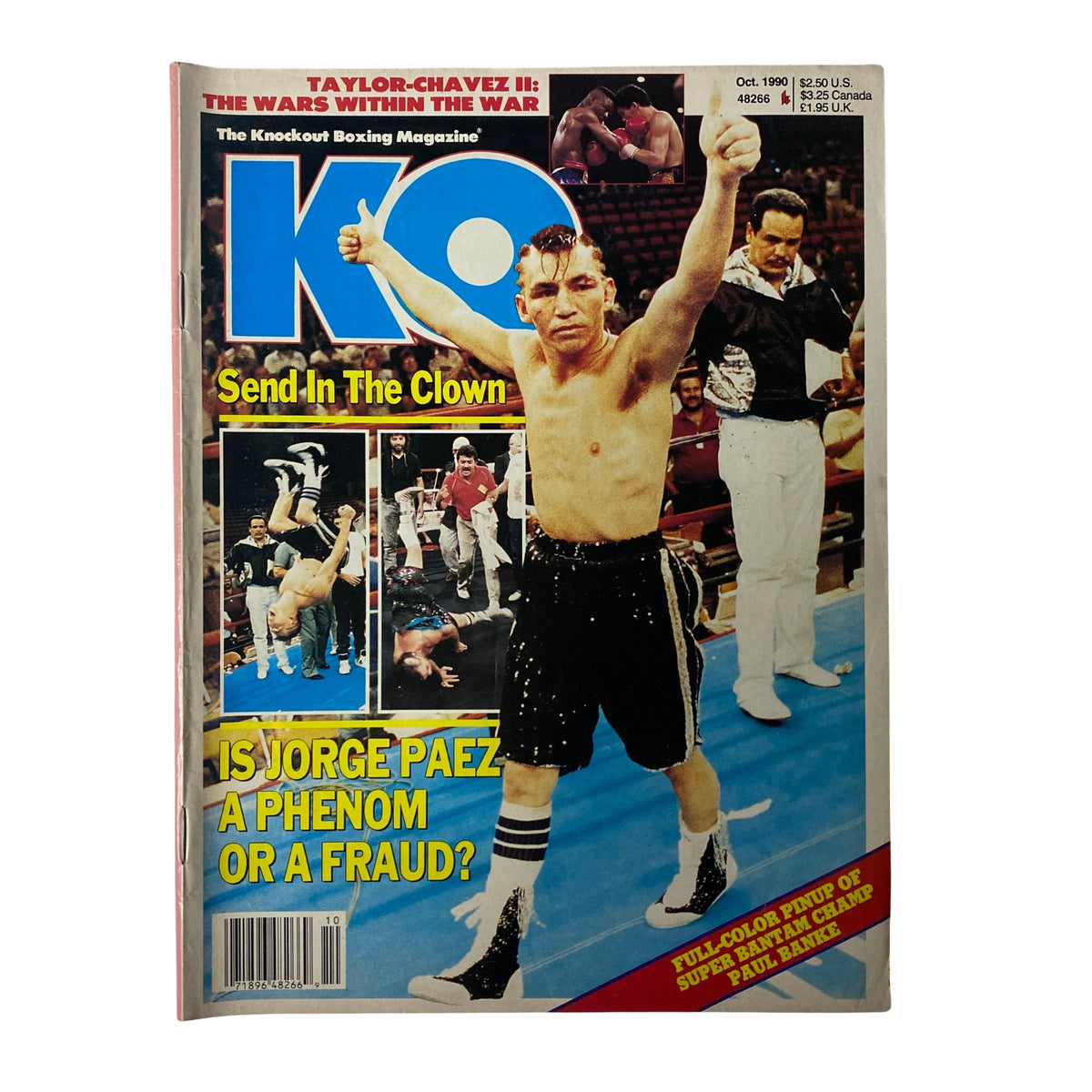 Cover of KO Boxing Magazine from October 1990 featuring Jorge Paez, questioning if he is a phenom or a fraud. The magazine showcases a dramatic image of Paez celebrating in the ring.