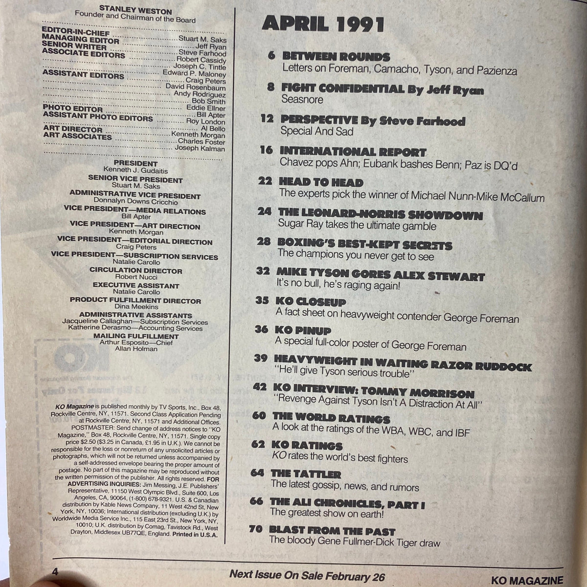 April 1991 issue contents page of KO Boxing Magazine, detailing articles and features including Between Rounds and Fight Confidential.