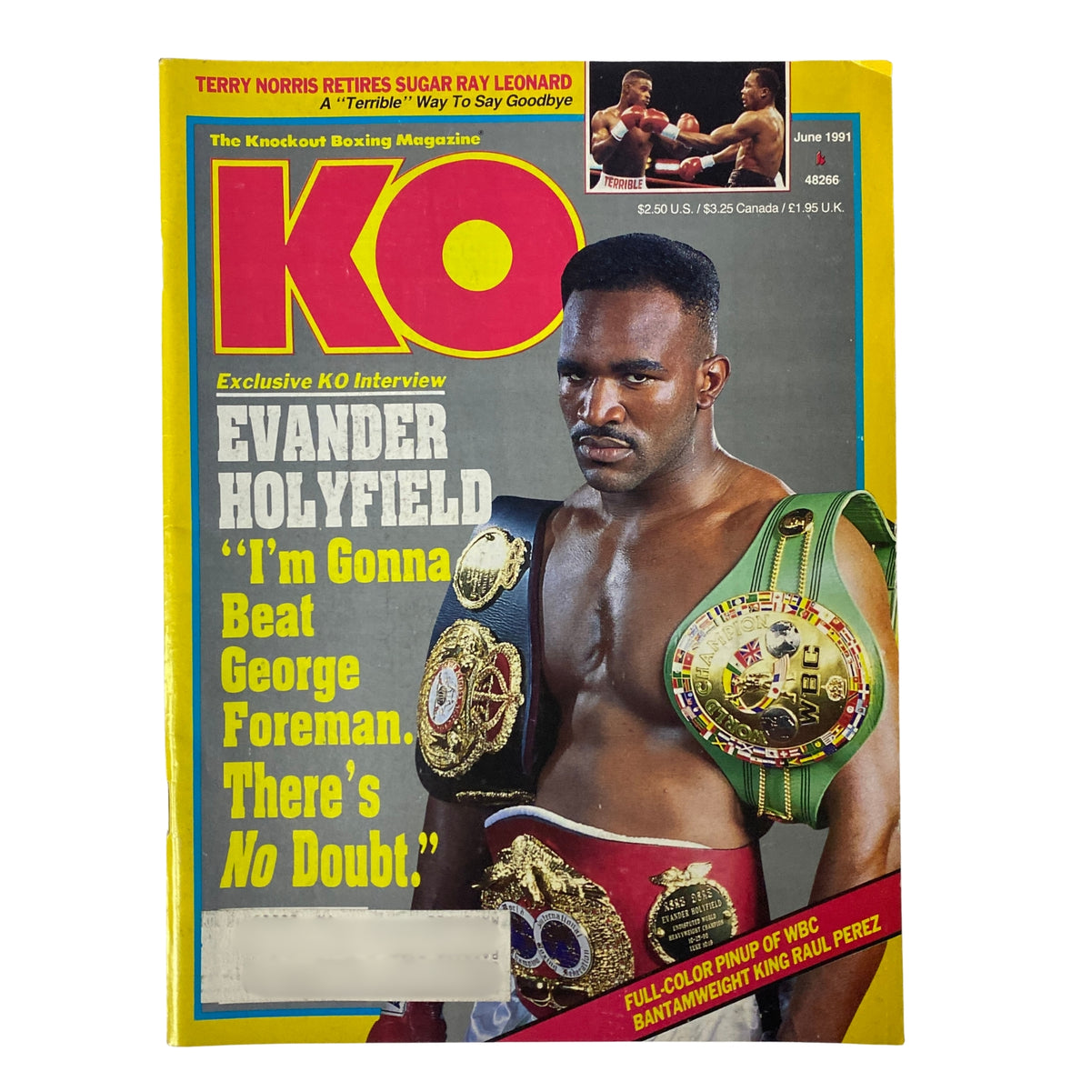 KO Boxing Magazine June 1991 featuring Evander Holyfield on the cover, with the quote 'I'm Gonna Beat George Foreman. There's No Doubt.' and showcasing championship belts.
