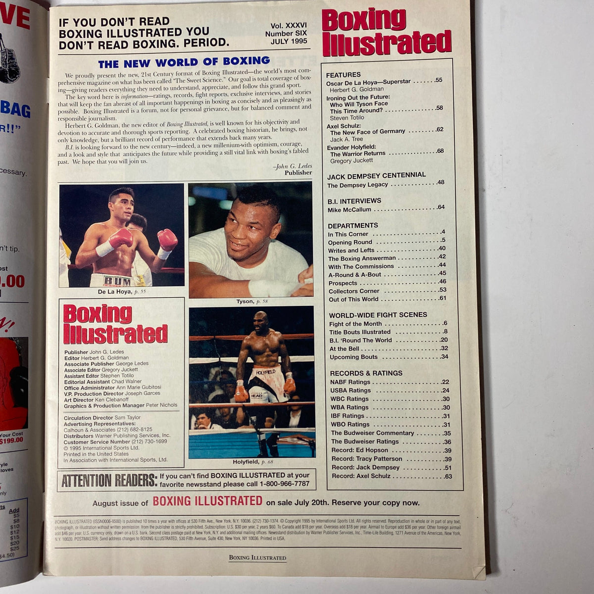 Boxing Illustrated Magazine July 1995 issue featuring key content such as Oscar De La Hoya, Mike Tyson, and other boxing highlights. Includes magazine layout preview with features and articles from the mid-1990s boxing scene.