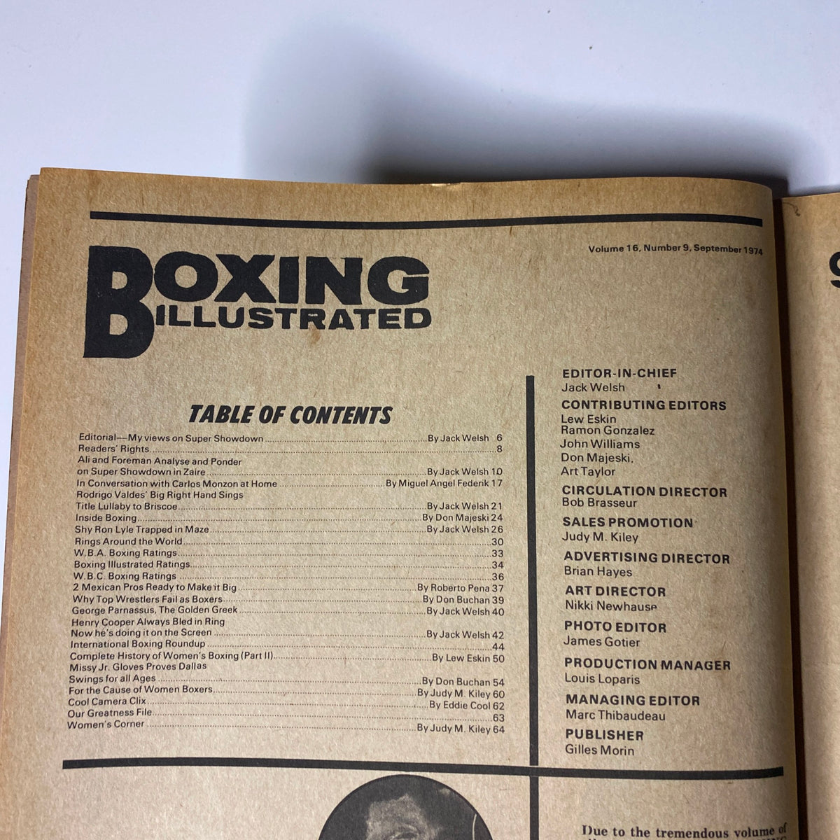 Table of contents of Boxing Illustrated Magazine September 1974, detailing contributions and articles including Ali versus Foreman analysis.