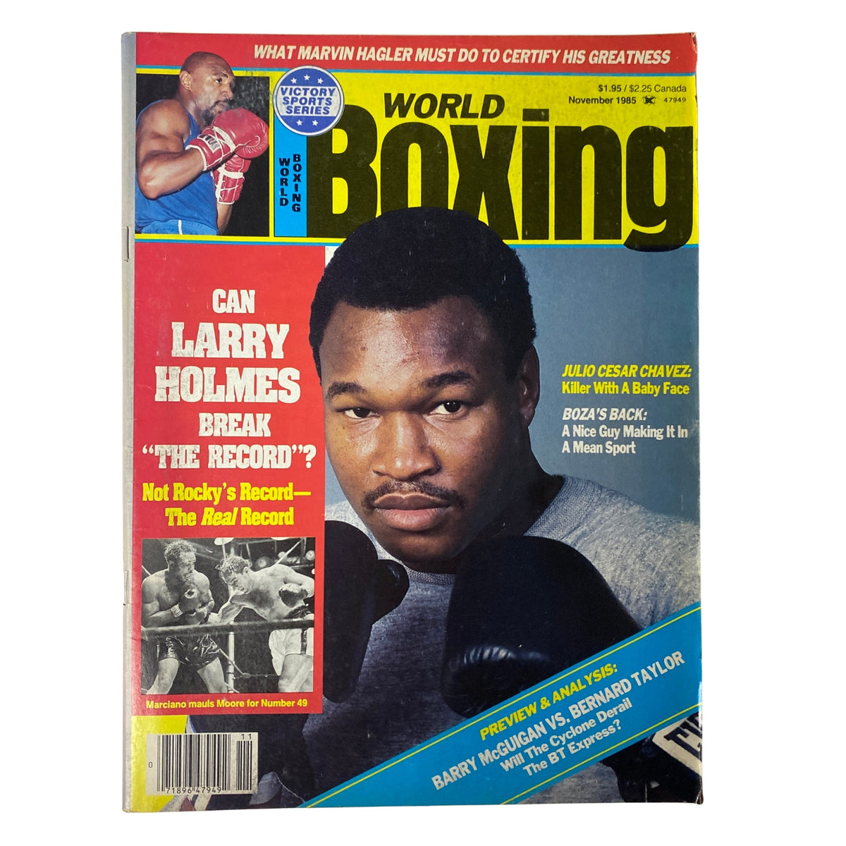 Cover of the November 1985 issue of World Boxing Magazine featuring heavyweight champion Larry Holmes. The cover showcases the headline 'Can Larry Holmes Break the Record?' alongside articles on Julio Cesar Chavez and Boza-Edwards.