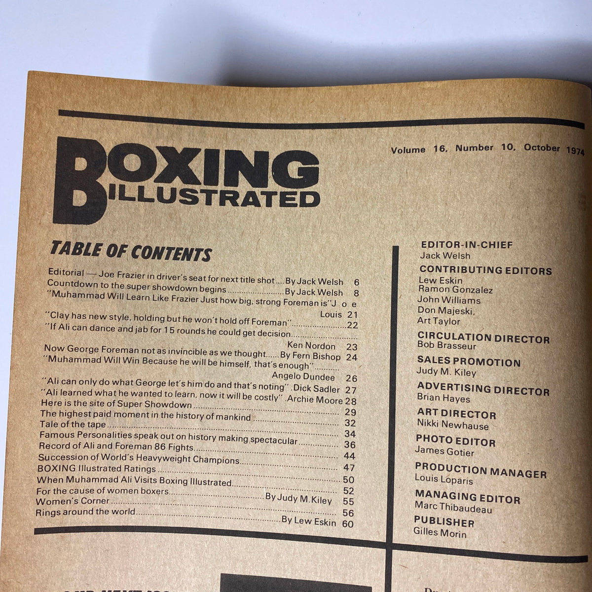 Table of contents from Boxing Illustrated Magazine October 1974 outlining features including the countdown to the Ali vs. Foreman fight, reflecting the magazine's focus on boxing history.