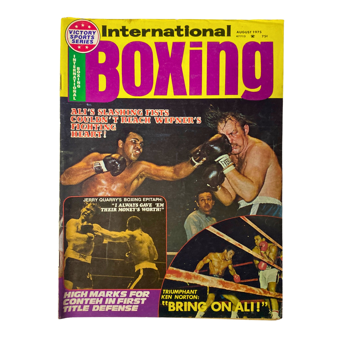August 1975 issue of International Boxing Magazine featuring Muhammad Ali and Chuck Wepner on the cover, highlighting their iconic fight. The magazine showcases boxing action with vibrant colors.
