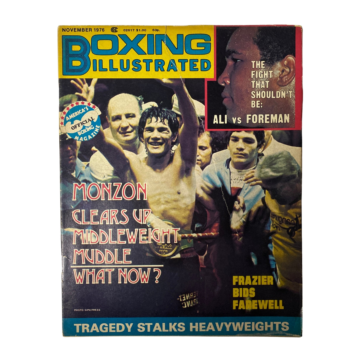 Cover of Boxing Illustrated Magazine, November 1976 featuring Muhammad Ali and a celebration photo of Carlos Monzon with the headline discussing the heavyweight scene. Notable articles include Ali vs. Foreman, farewell to Joe Frazier, and insights into middleweight boxing.
