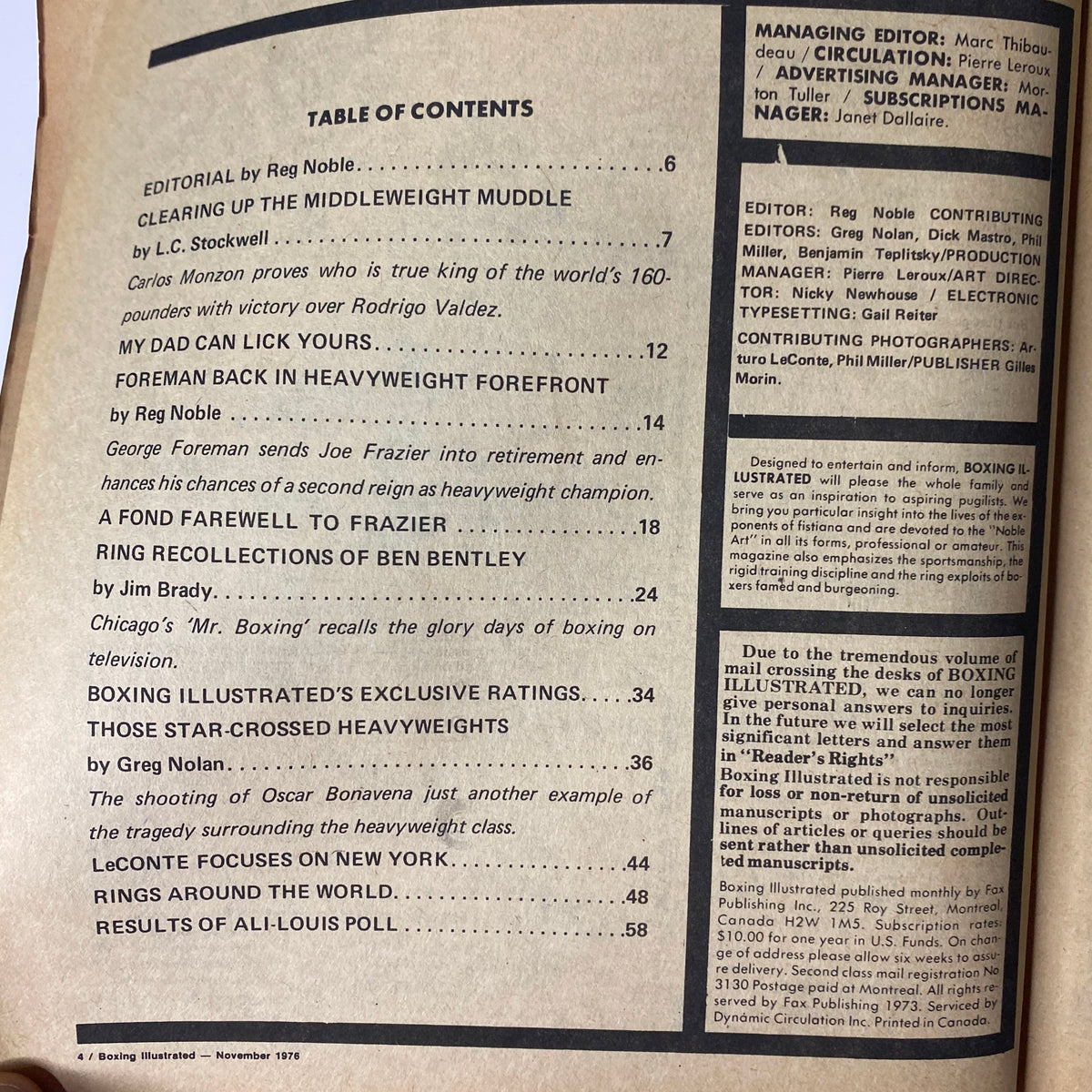 Table of contents from Boxing Illustrated Magazine November 1976 showcasing articles including 'Clearing Up the Middleweight Muddle' and 'Foreman Back in Heavyweight Forefront'.
