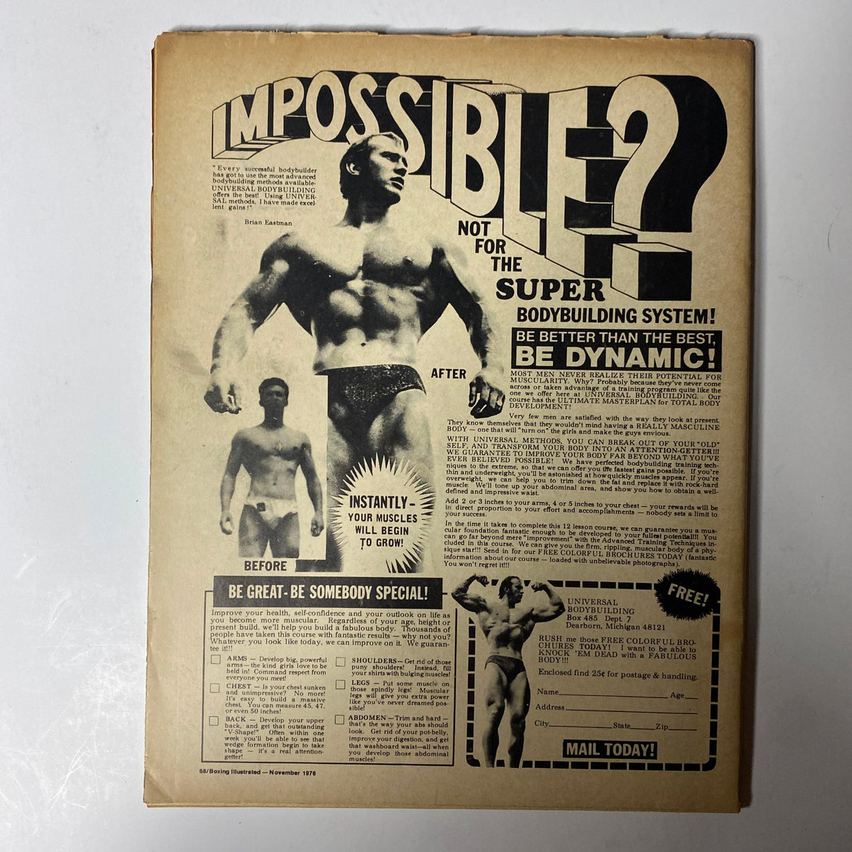Back cover of Boxing Illustrated Magazine November 1976 promoting a bodybuilding system with the headline 'IMPOSSIBLE? NOT FOR THE SUPER BODYBUILDING SYSTEM!'