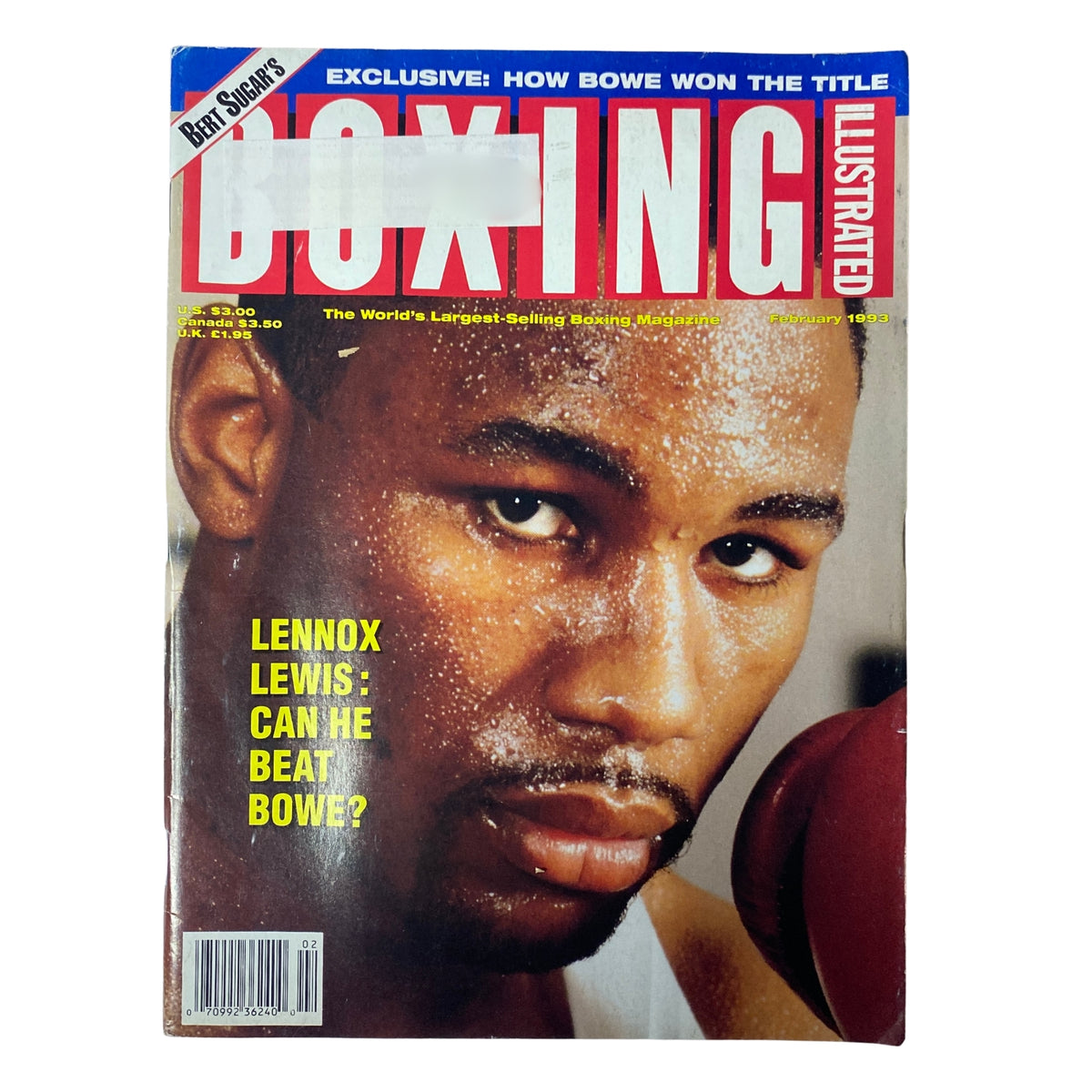 Boxing Illustrated Magazine, February 1993 issue featuring Lennox Lewis on the cover, highlighting his rise in the heavyweight boxing scene.