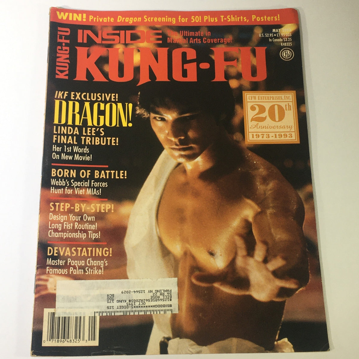 Cover of Inside Kung Fu magazine from May 1993 featuring a tribute to Bruce Lee and Linda Lee, along with Master Paqua Chang. The magazine highlights martial arts coverage, celebrating the 20th anniversary of Kung Fu.
