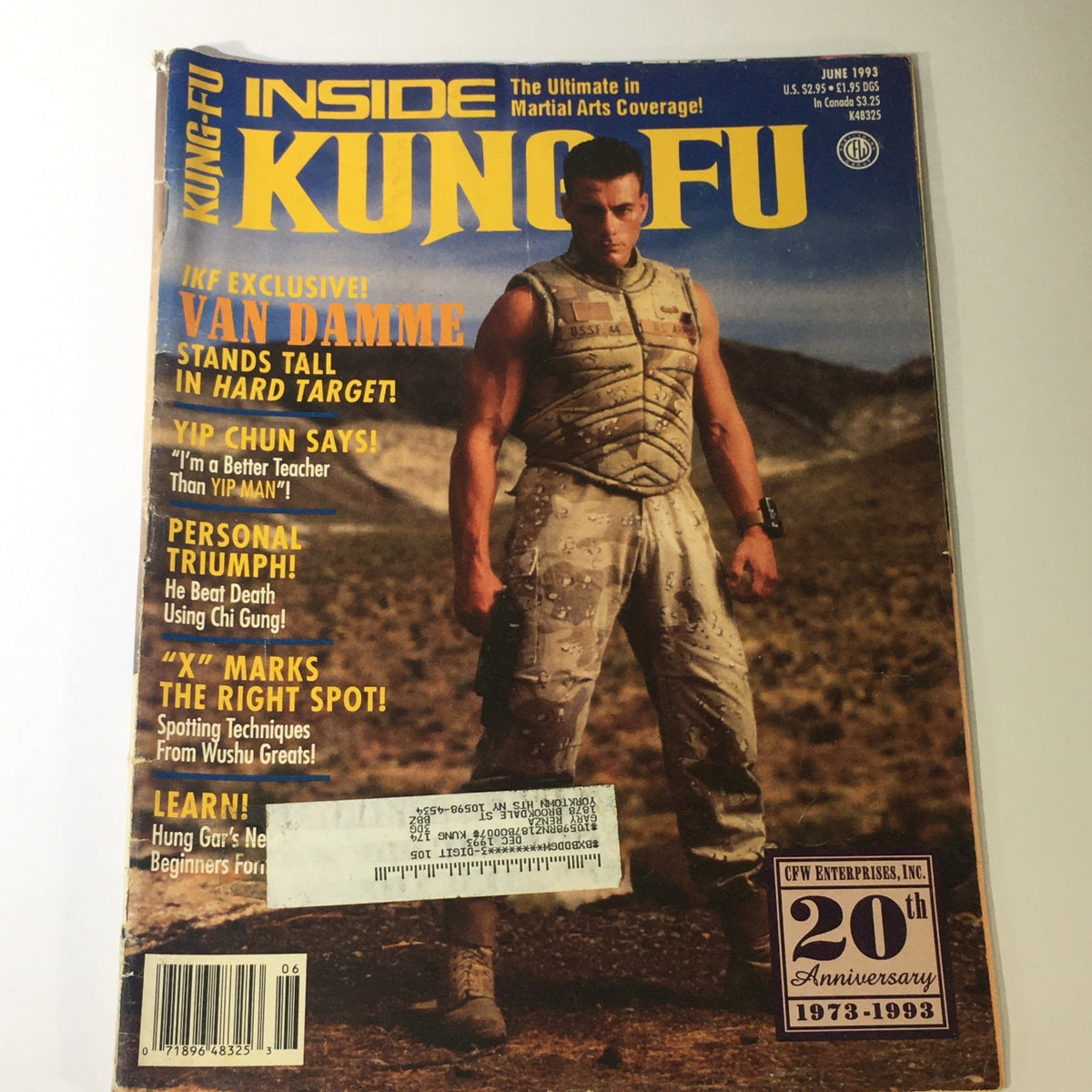 Inside Kung Fu Magazine from June 1993 featuring Jean-Claude Van Damme on the cover, known for his role in 'Hard Target'. The cover also showcases Yip Chun and highlights martial arts topics such as training techniques and achievements.