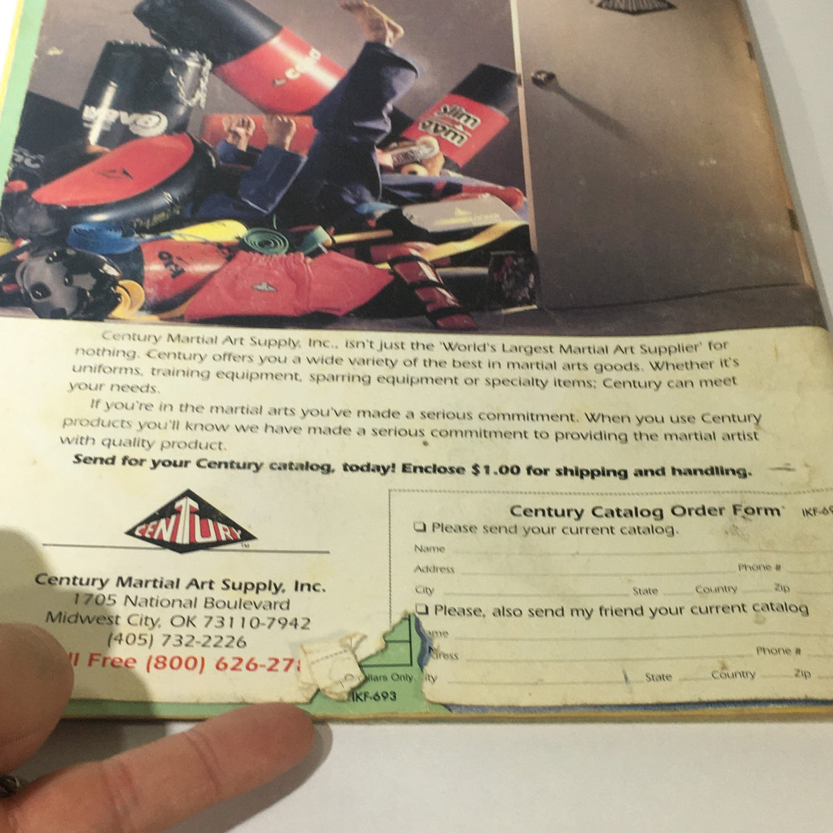 Back cover of Inside Kung Fu Magazine June 1993 featuring a colorful display of martial arts supplies from Century Martial Art Supply, including uniforms, sparring equipment, and training gear. The magazine highlights Jean-Claude Van Damme and Yip Chun on the cover, making it a collector's item for martial arts enthusiasts.