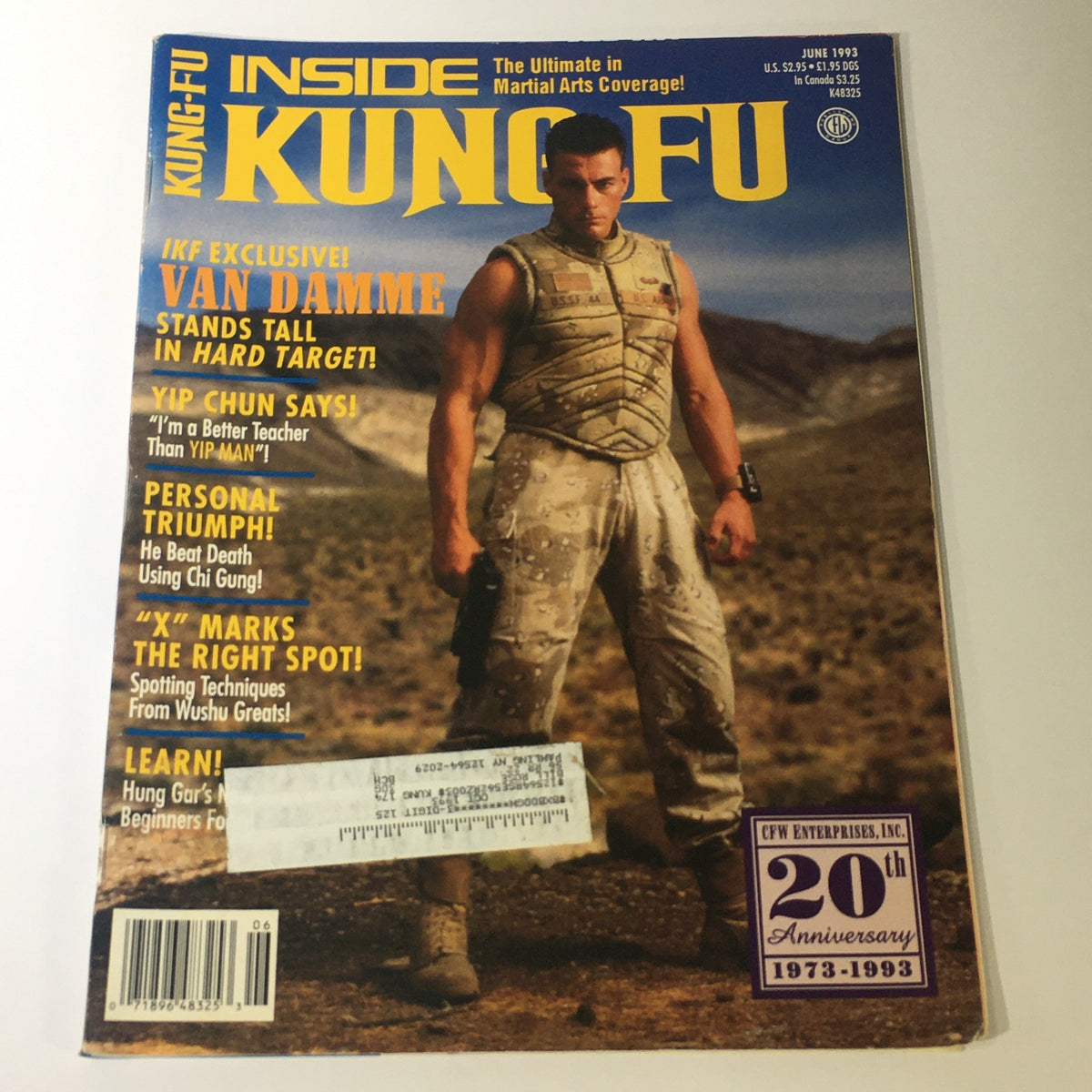 Front cover of Inside Kung Fu Magazine, June 1993, featuring Jean-Claude Van Damme in military attire, showcasing a focus on martial arts culture, iconic figures like Yip Chun, and articles on Hung Gar style.