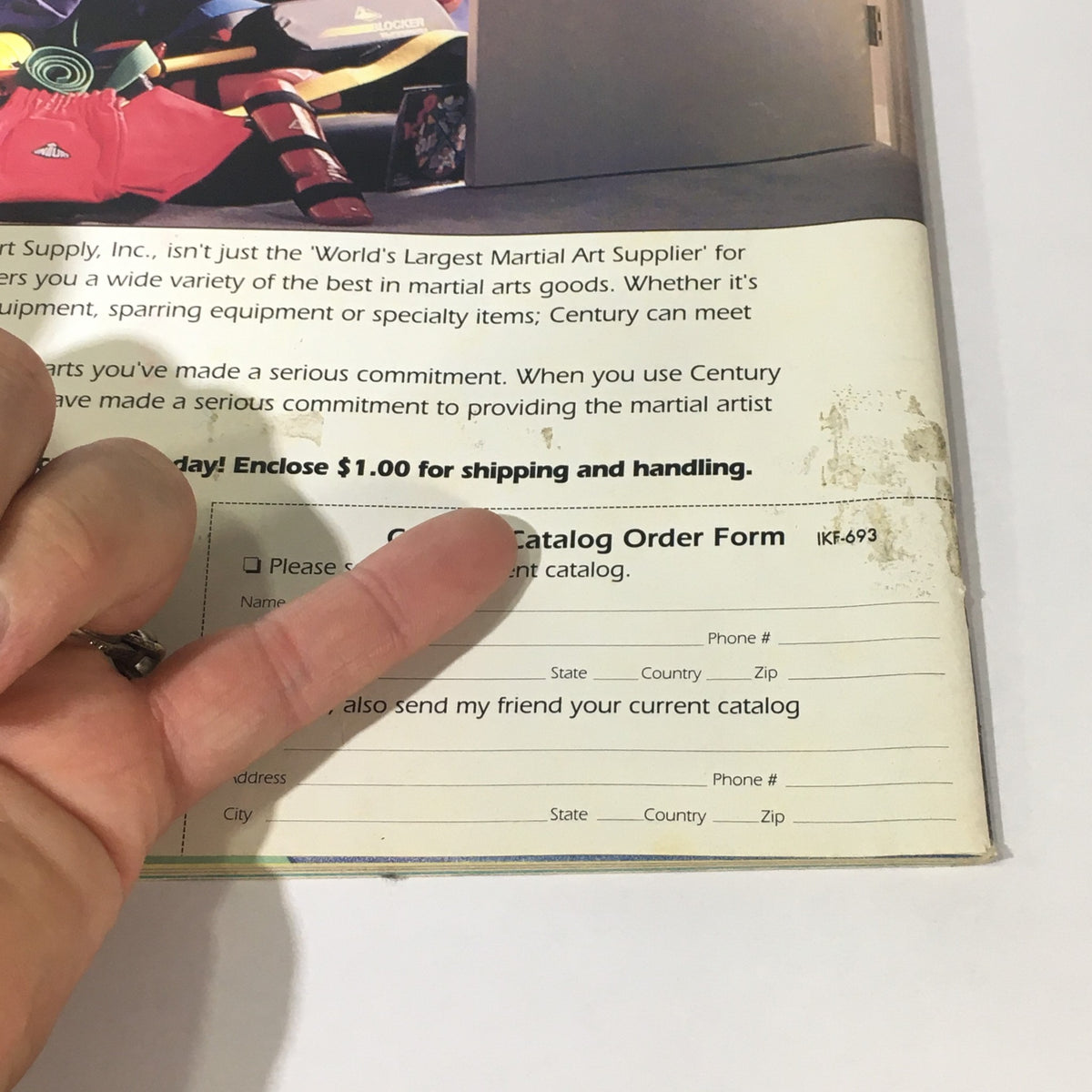 Back cover of Inside Kung Fu Magazine, June 1993, displaying a catalog order form for martial arts supplies along with some age-related marks, emphasizing its vintage appeal for collectors.