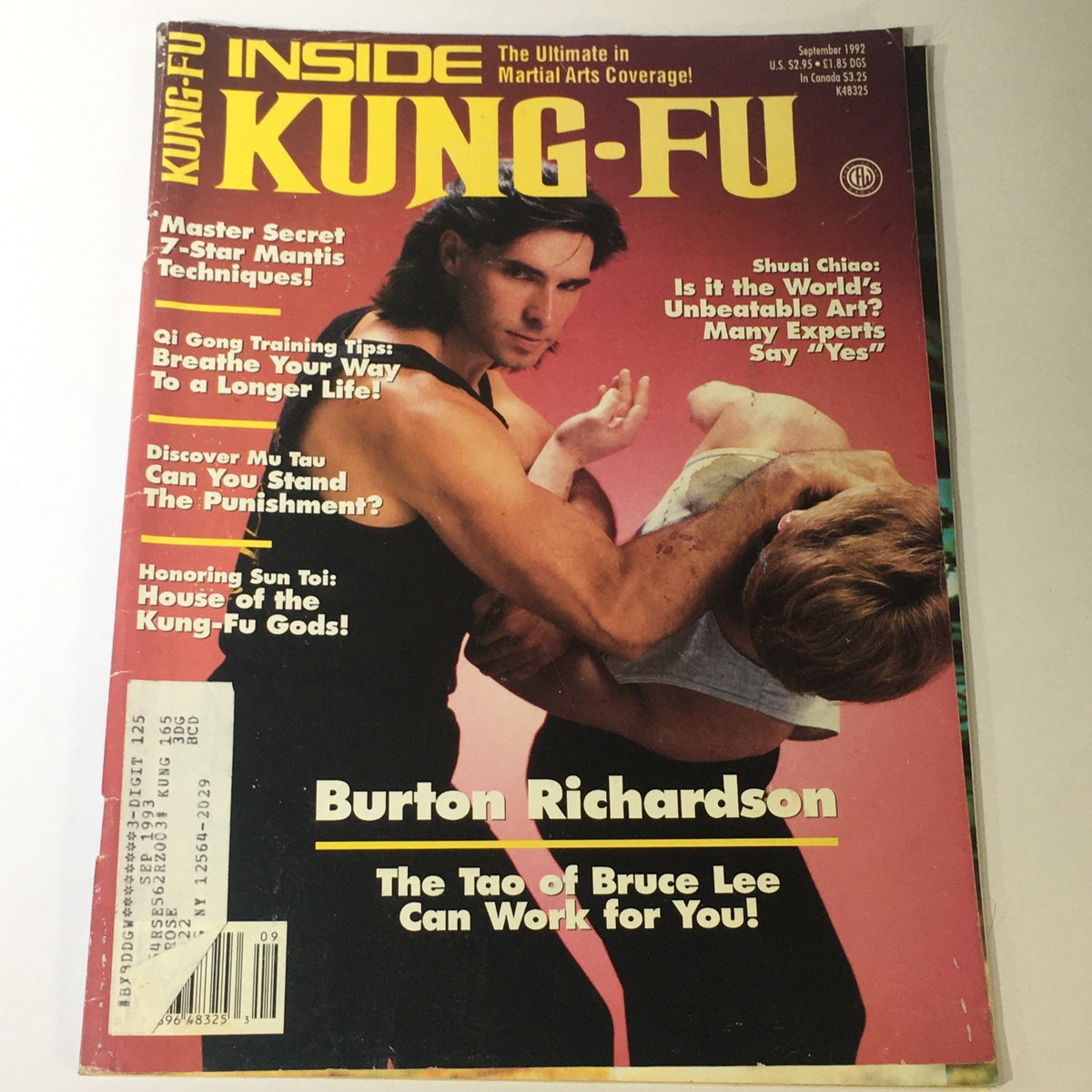 Cover of Inside Kung Fu Magazine September 1992 featuring a martial arts demonstration, highlighting Shuai Chiao and honoring Sun Toi. The cover includes headlines about 7-Star Mantis techniques and featured articles, showcasing the magazine's focus on martial arts techniques and history.