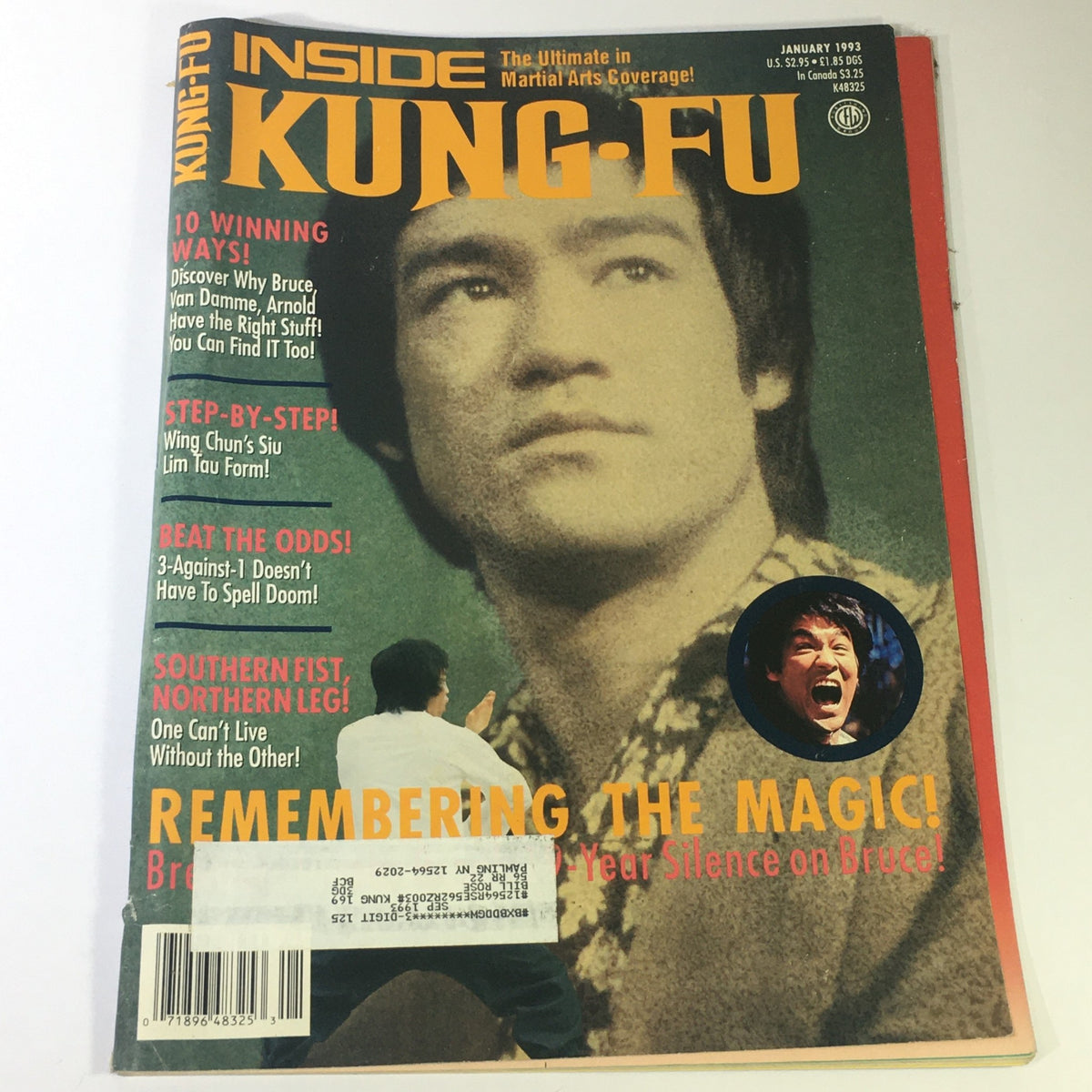 Cover of Inside Kung Fu Magazine January 1993 featuring martial arts icons Bruce Lee and Jean-Claude Van Damme, highlighting articles like 'Remembering the Magic' and showcasing the influence of martial arts in popular culture.
