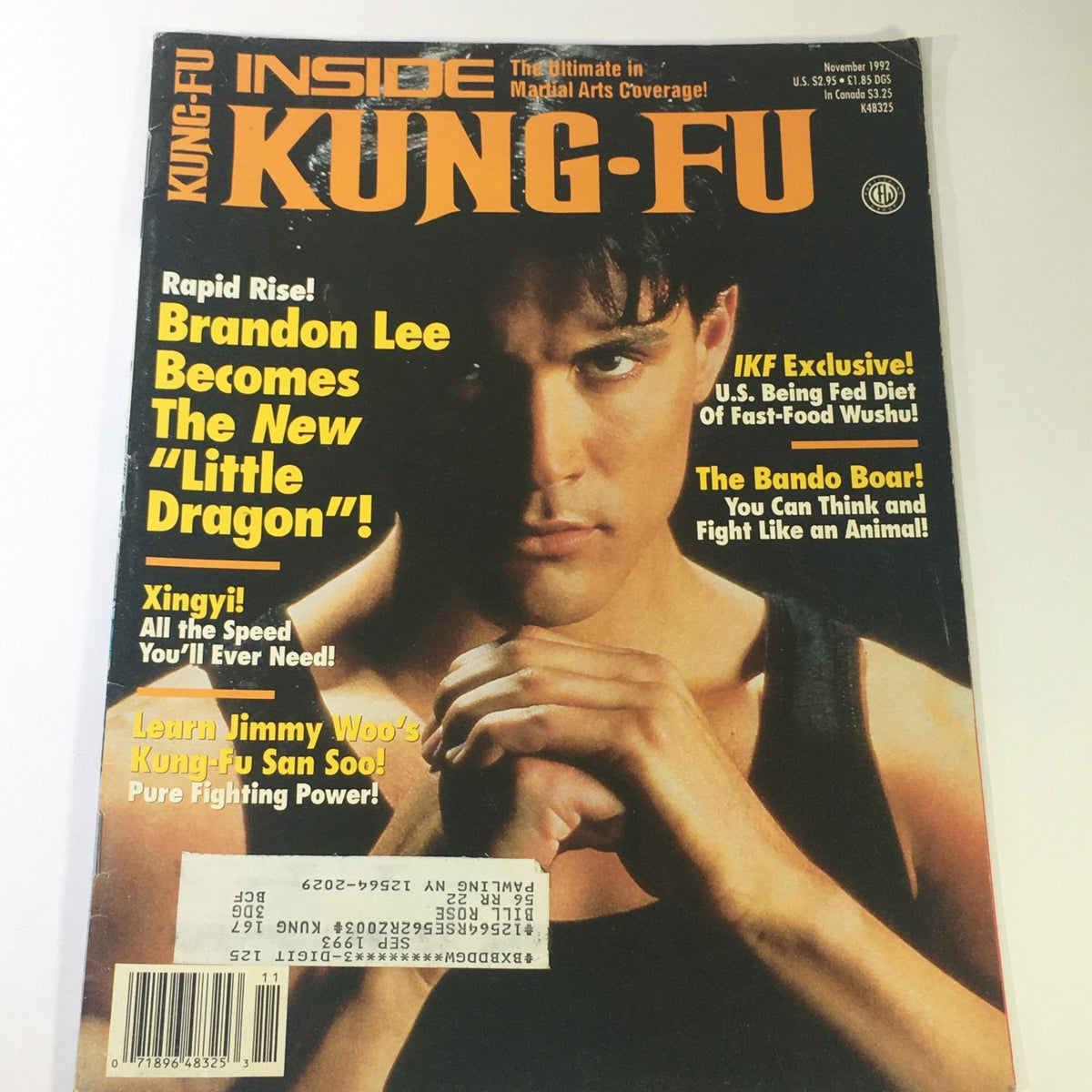 Inside Kung Fu Magazine November 1992 featuring Brandon Lee on the cover, highlighting his rise as the new 'Little Dragon' along with insights on Kung-Fu San Soo and martial arts culture.