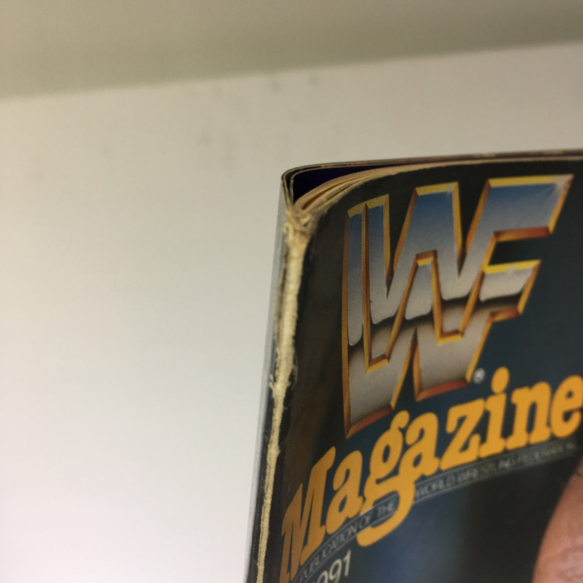 Top corner of WWF Magazine, July 1991 issue, highlighting its wear and date.