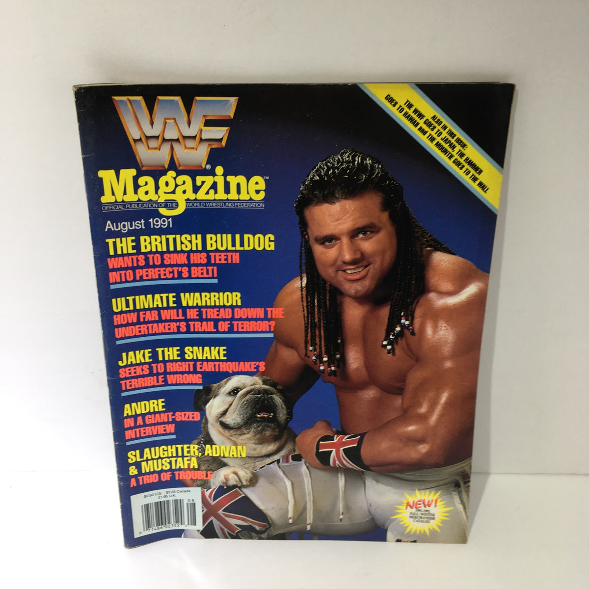 WWF Magazine: The British Bulldog August 1991, featuring The British Bulldog on the cover with colorful typography and eye-catching graphics.