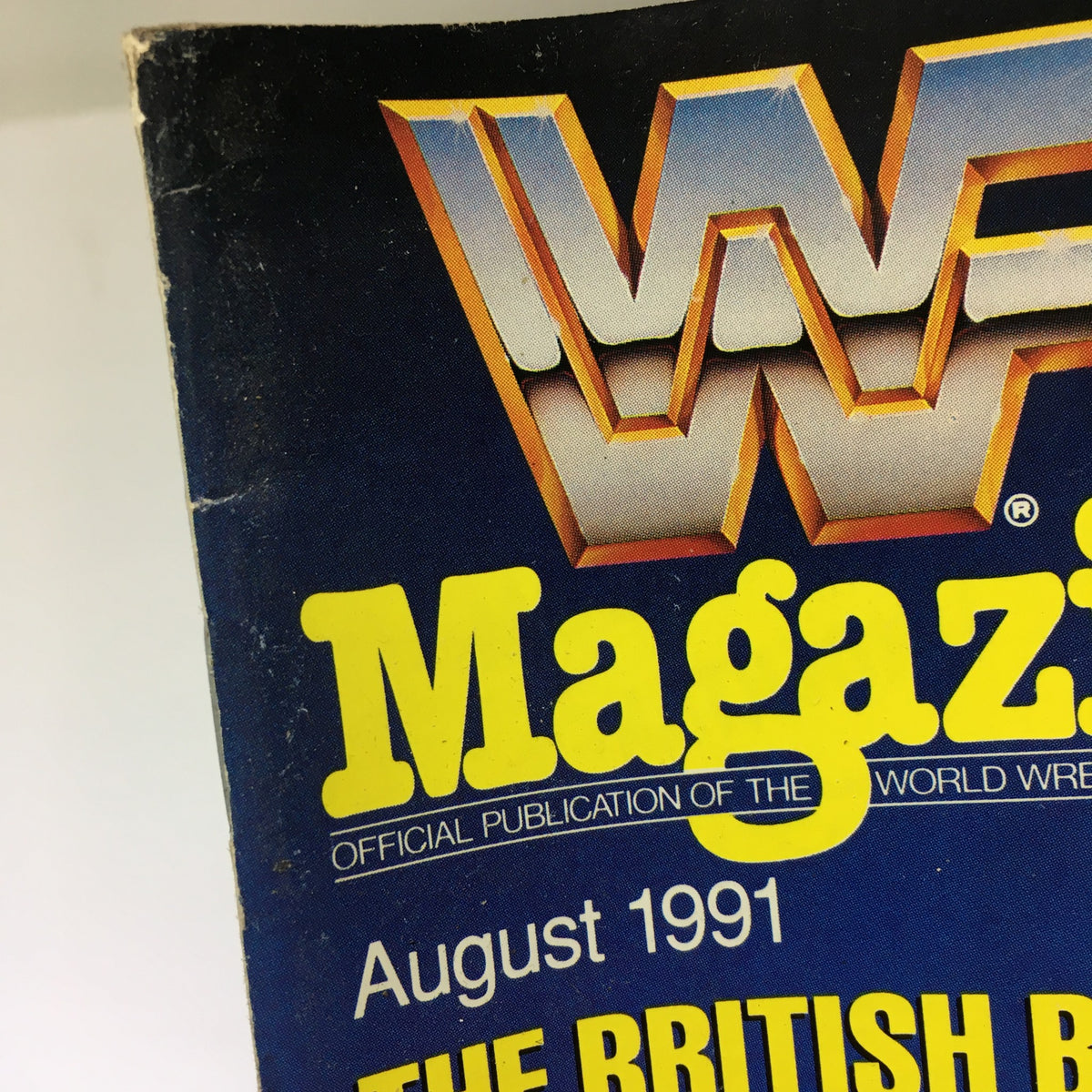 Close-up of WWF Magazine: The British Bulldog August 1991 title logo, showcasing the magazine's official branding and publication date.
