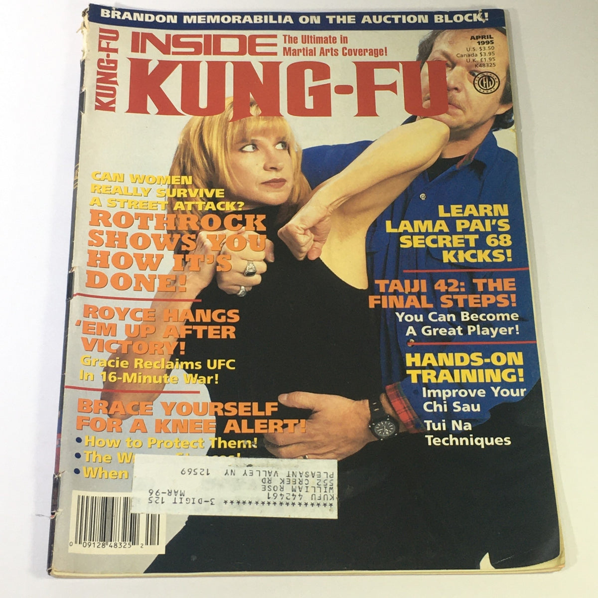 Cover of Inside Kung Fu Magazine April 1995 featuring Royce Gracie and Cynthia Rothrock with articles on martial arts techniques and events.