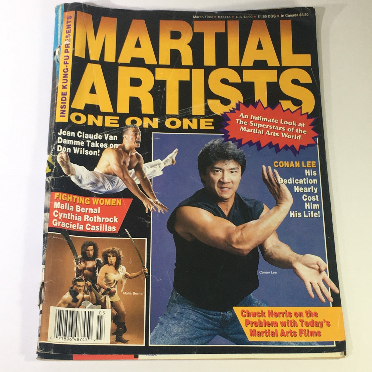 Cover of Inside Fung Fu Presents Martial Artists March 1990 featuring Conan Lee and Chuck Norris, showcasing martial arts themes and action stars.